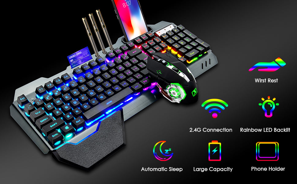 K680 Wireless Gaming Keyboard and Mouse Combo RGB Rainbow LED Rechargeable 3800mAh Metal Panel