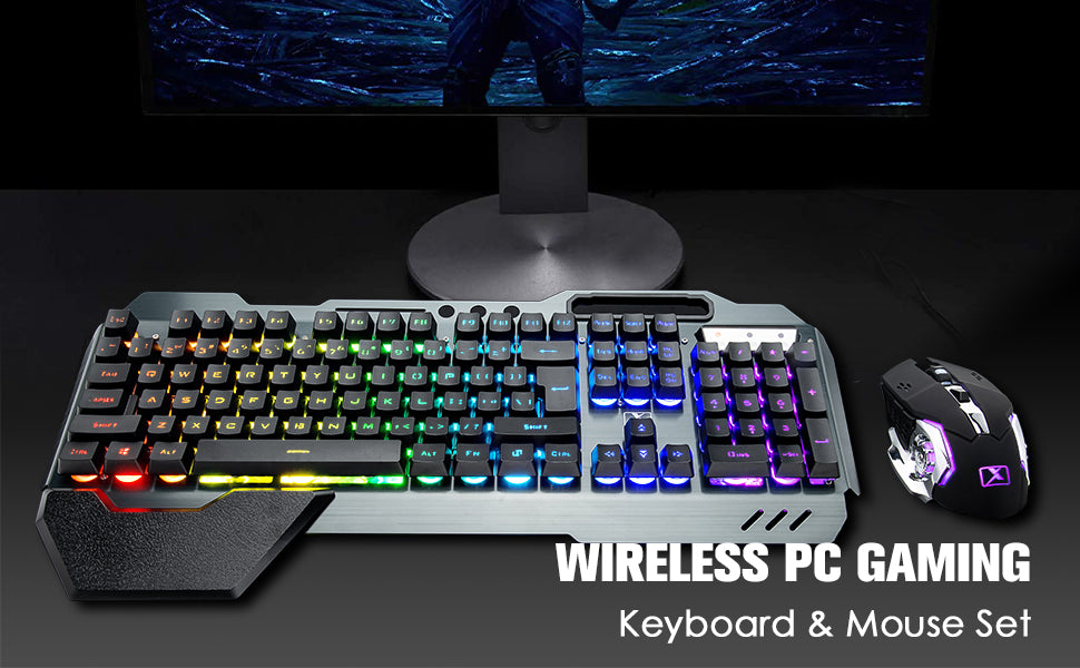K680 Wireless Gaming Keyboard and Mouse Combo RGB Rainbow LED Rechargeable 3800mAh Metal Panel