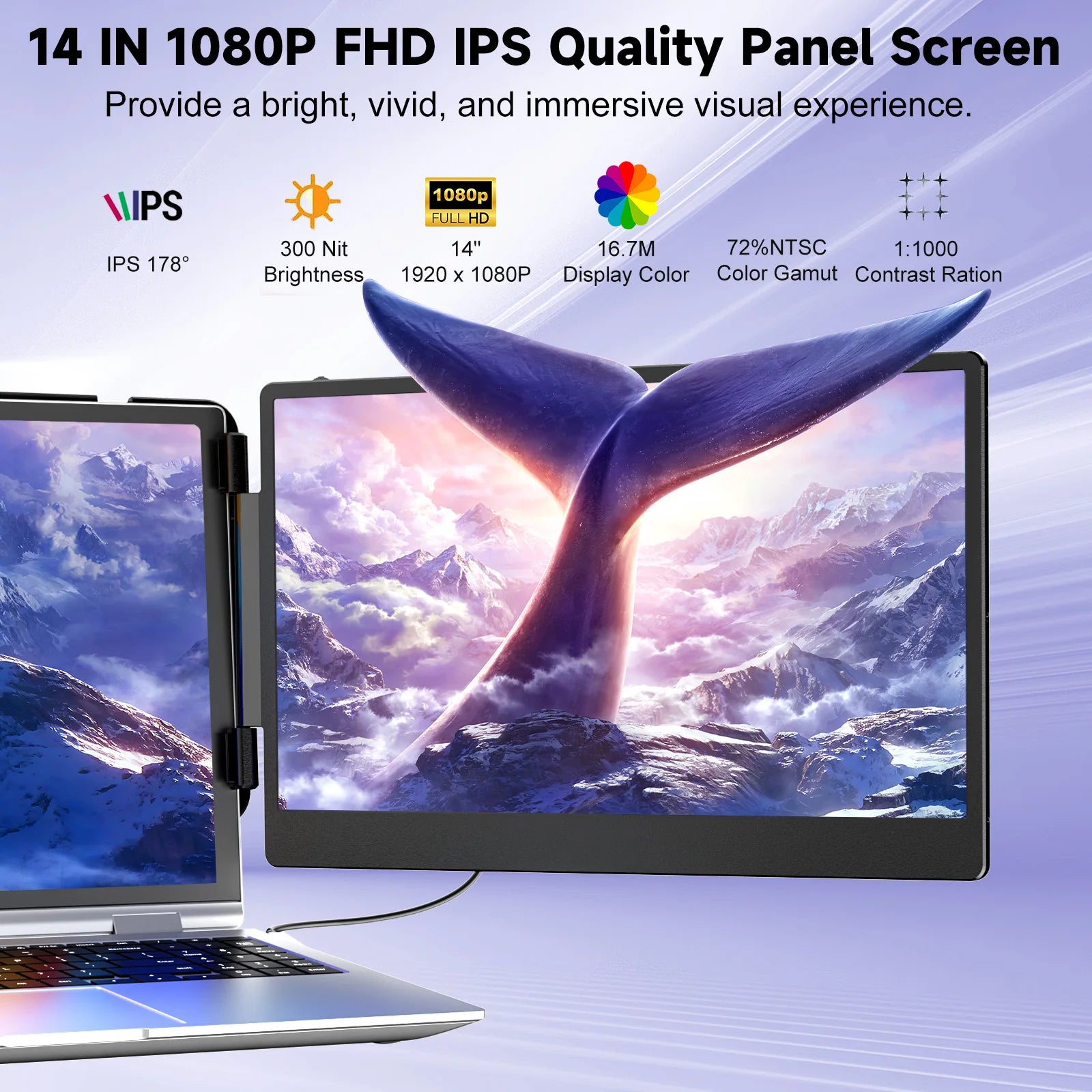 S2 Triple Monitor for Laptop – 14" HDMI/USB-C Extender, Plug & Play 1080P HD Portable for 13-17.3" Laptops