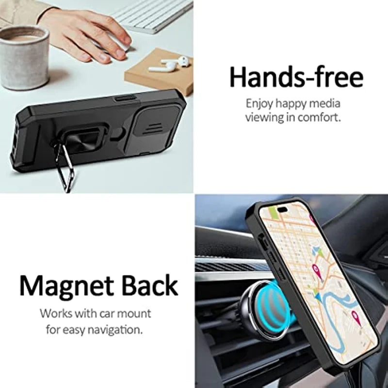Rugged Protective Case for iPhone 17/16/15/14/13/12 Pro/Max/Plus/8/7 Plus Mini — Sliding Camera Shield & Card Holder Clip