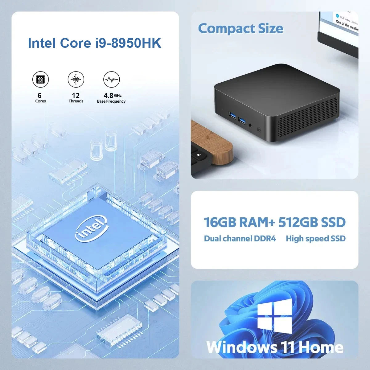 Windows 11 Pro Intel Core i9 8950HK  Mini PC Computer 16GB 1TB 2TB 4K Gaming Computer WiFi6 USB Portable Mini Desktop PC