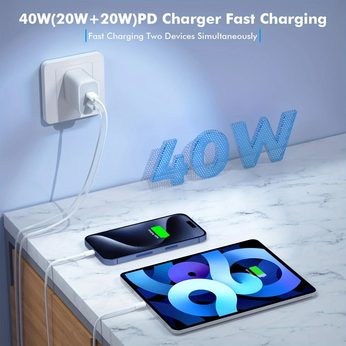 2-Pack 40W USB-C Fast Charger, Dual Port PD with 10FT C-to-C Cable
