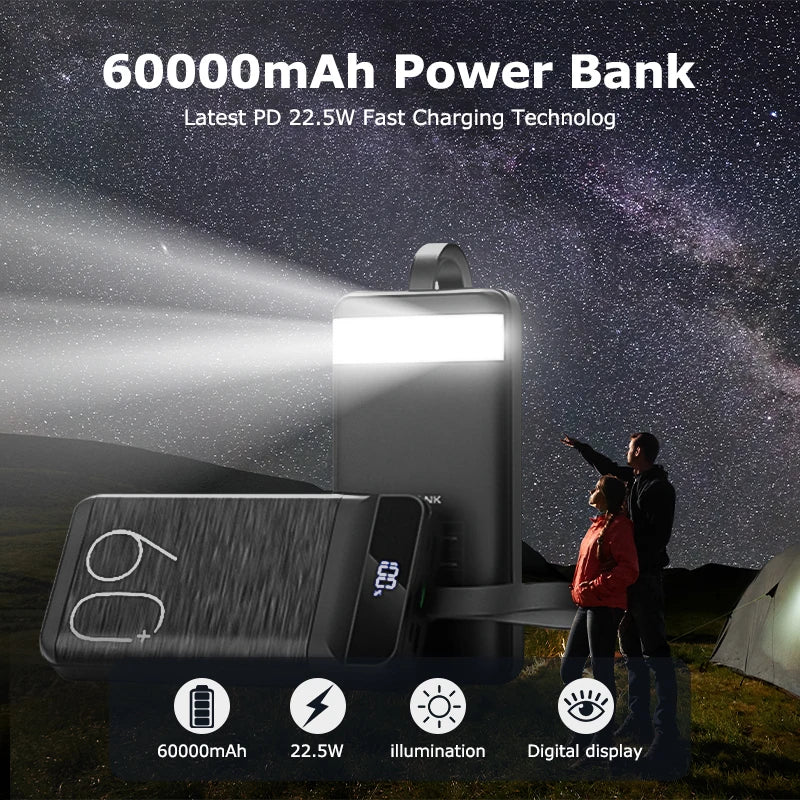60000mAh Portable Power Bank, 22.5W Fast Charging Battery