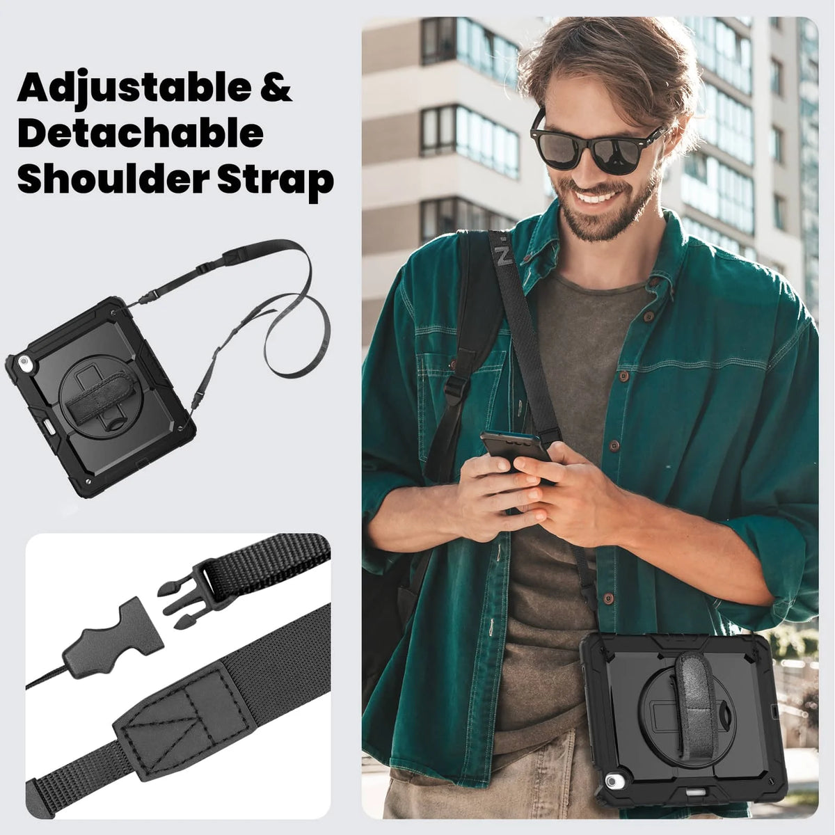 Heavy-Duty iPad Case for A16 11th & Air 11/13, Pencil Holder & Shoulder Strap