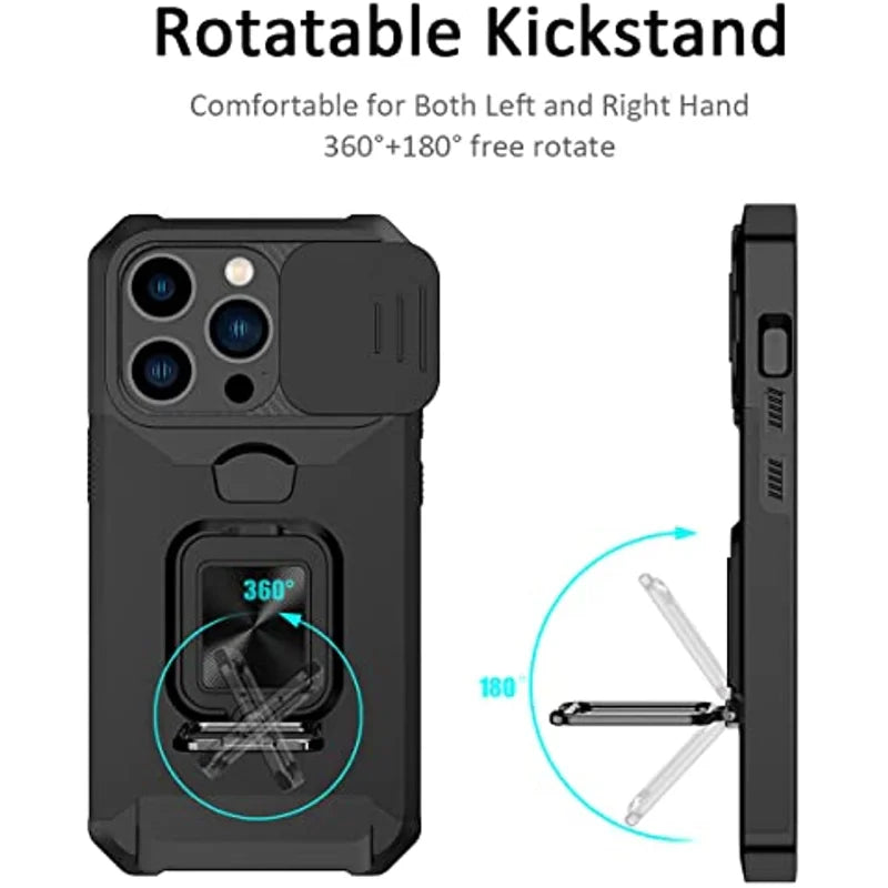 Rugged Protective Case for iPhone 17/16/15/14/13/12 Pro/Max/Plus/8/7 Plus Mini — Sliding Camera Shield & Card Holder Clip